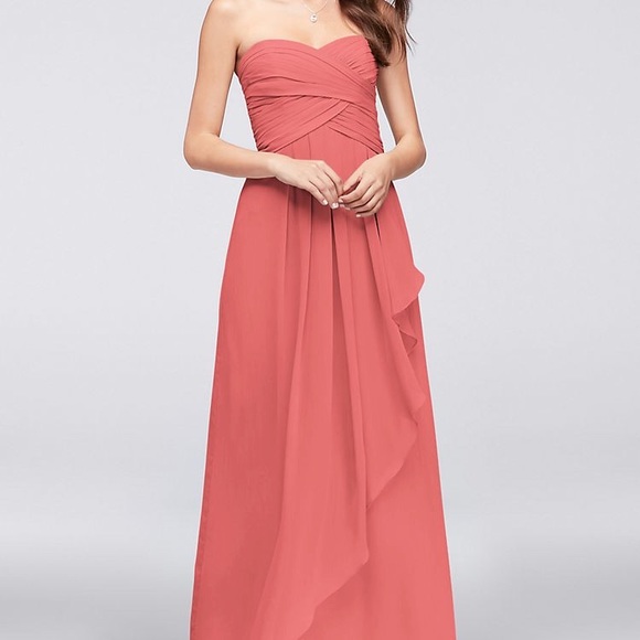 David's Bridal Dresses & Skirts - Strapless crinkle chiffon dress with cascade skirt
